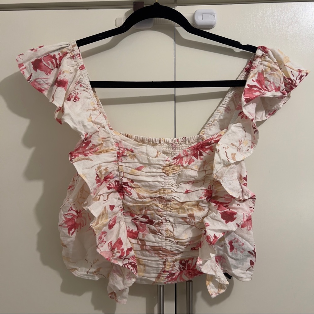 H&M Cream and Pink Floral Ruffle Blouse